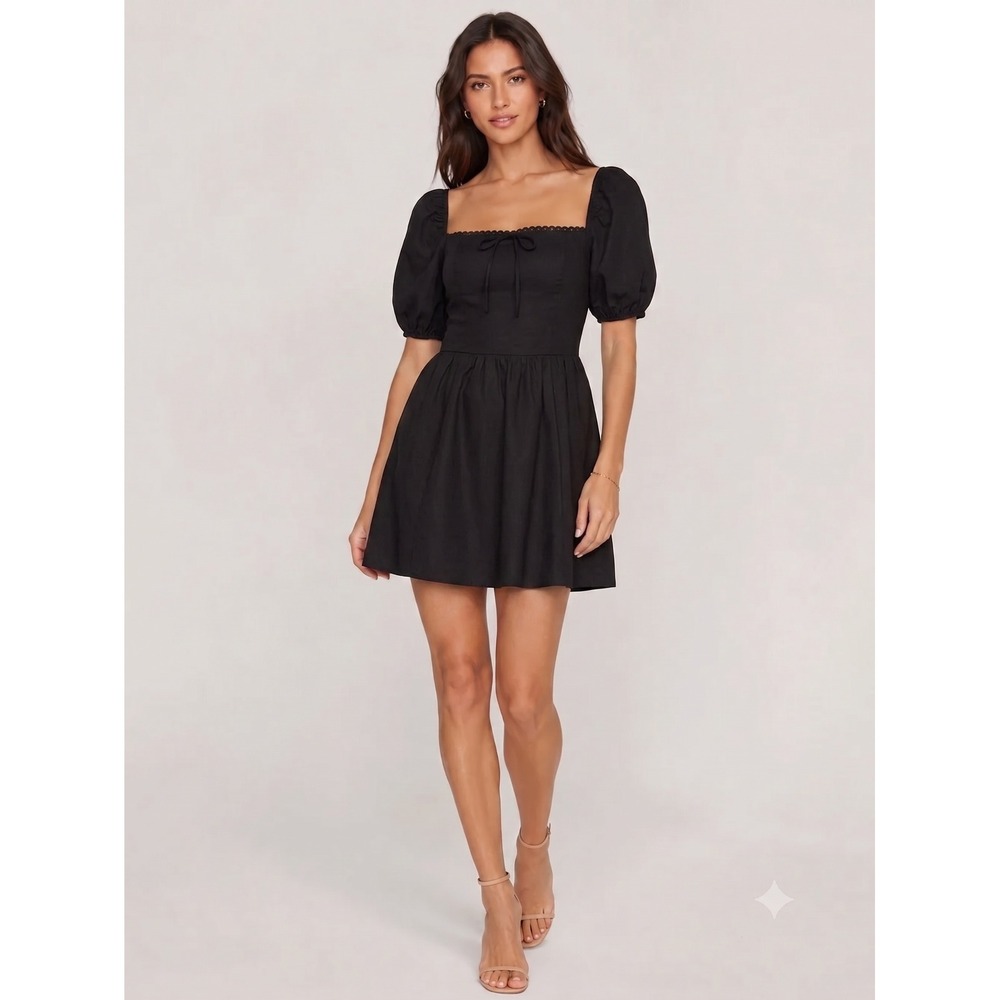 Camila Coelho Black Linen Blend Puff Sleeve‎ Smocked Mini Dress Pockets M NWT